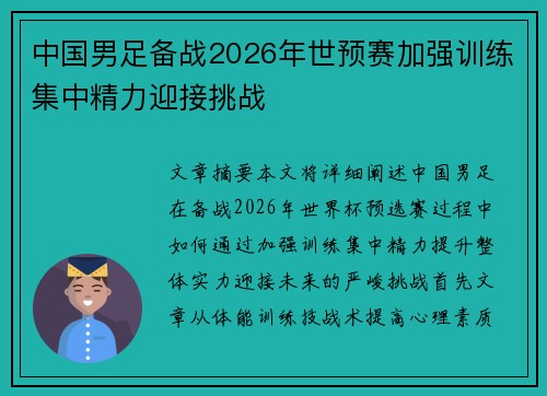 中国男足备战2026年世预赛加强训练集中精力迎接挑战 中国男足备战2026年世预赛加强训练集中精力迎接挑战