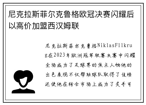 尼克拉斯菲尔克鲁格欧冠决赛闪耀后以高价加盟西汉姆联